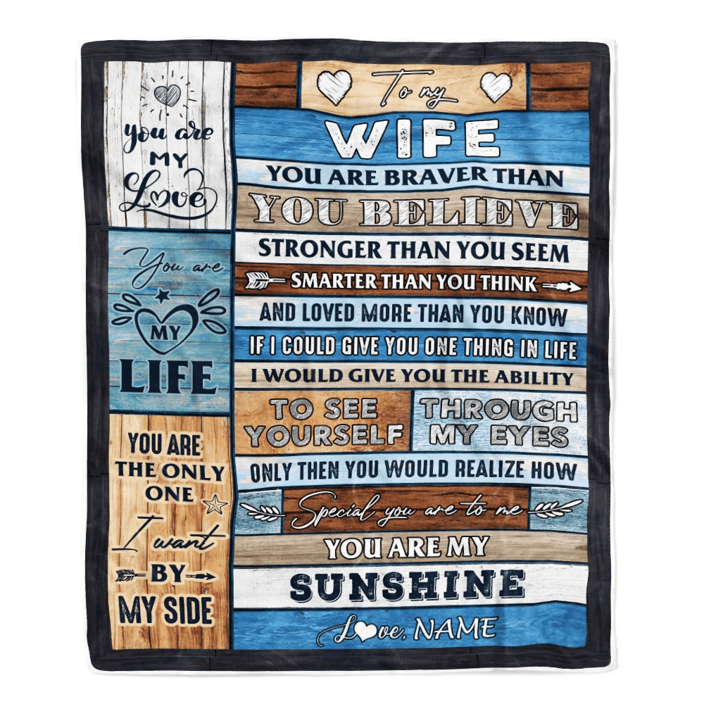 Personalized To My Wife Blanket From Husband Wood You Are My Sunshine I Love You Wife Anniversary Valentines Day Wedding Christmas Fleece Throw Blanket
