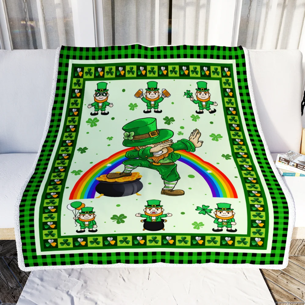 Happy St. Patrick's Day Lucky Clover Shamrock Irish Dabbing Leprechauns Fleece Blanket