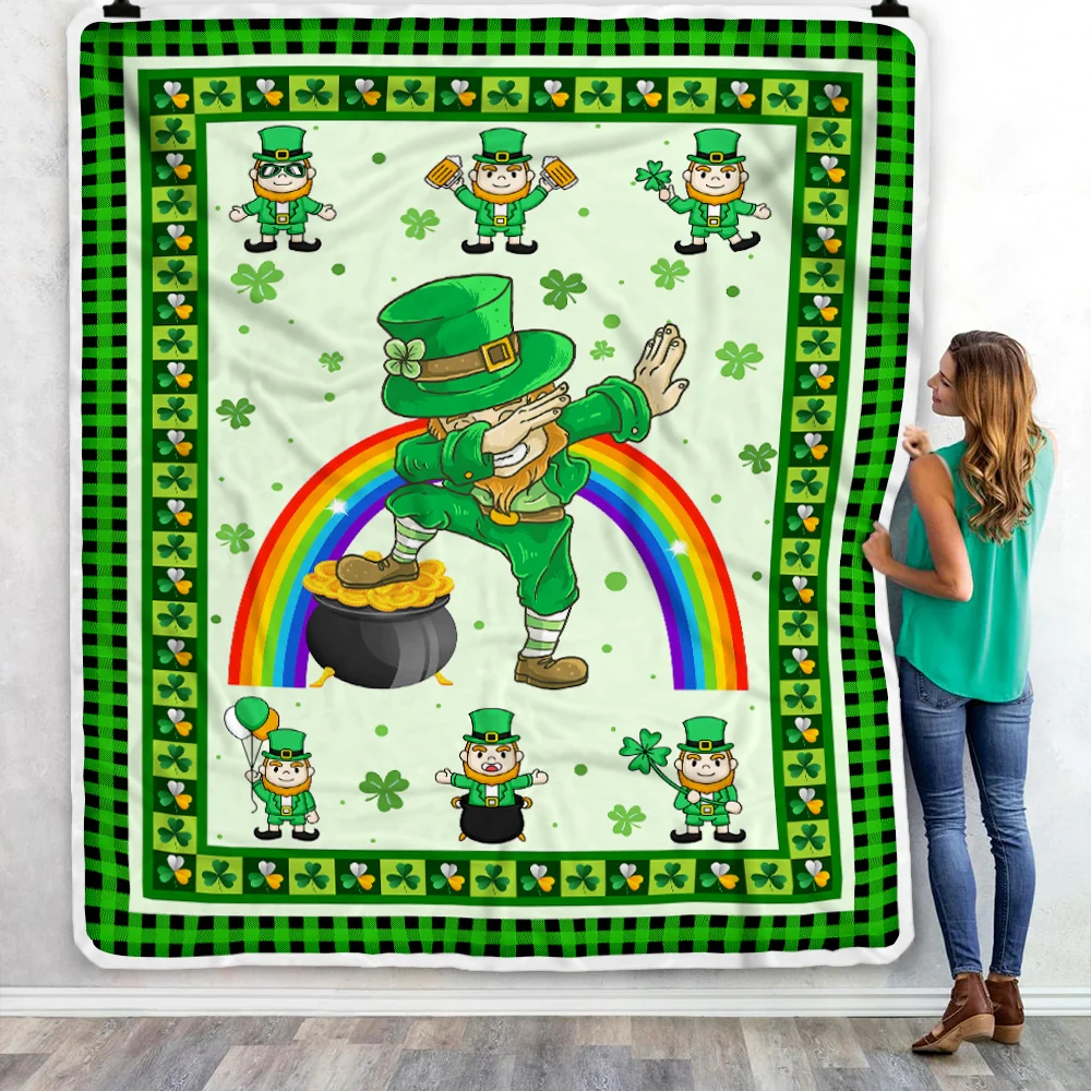 Happy St. Patrick's Day Lucky Clover Shamrock Irish Dabbing Leprechauns Fleece Blanket