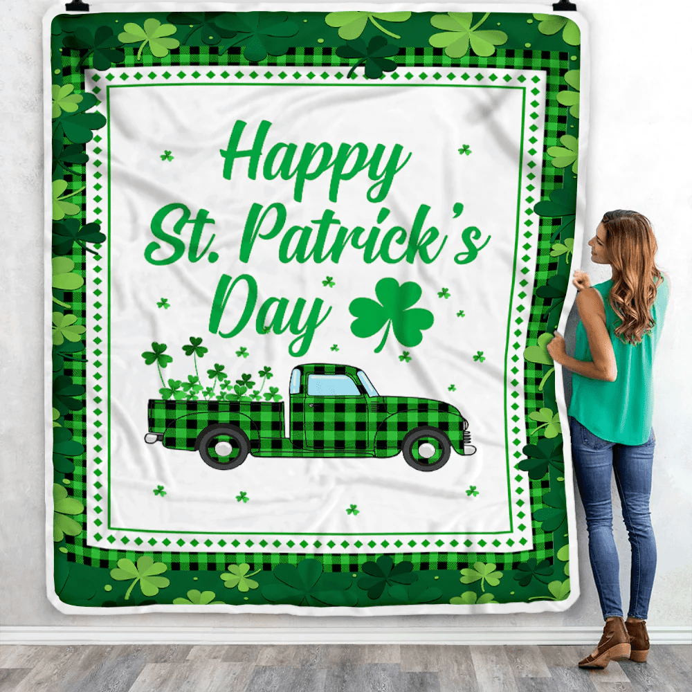 Happy St. Patrick's Day Truck With Green Shamrock Fleece Blanket