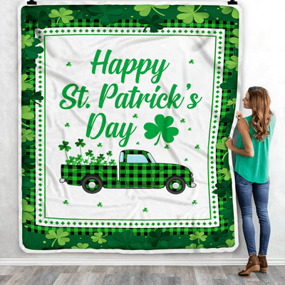Happy St. Patrick's Day Truck With Green Shamrock Fleece Blanket