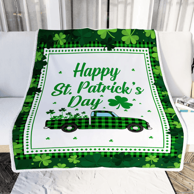 Happy St. Patrick's Day Truck With Green Shamrock Fleece Blanket