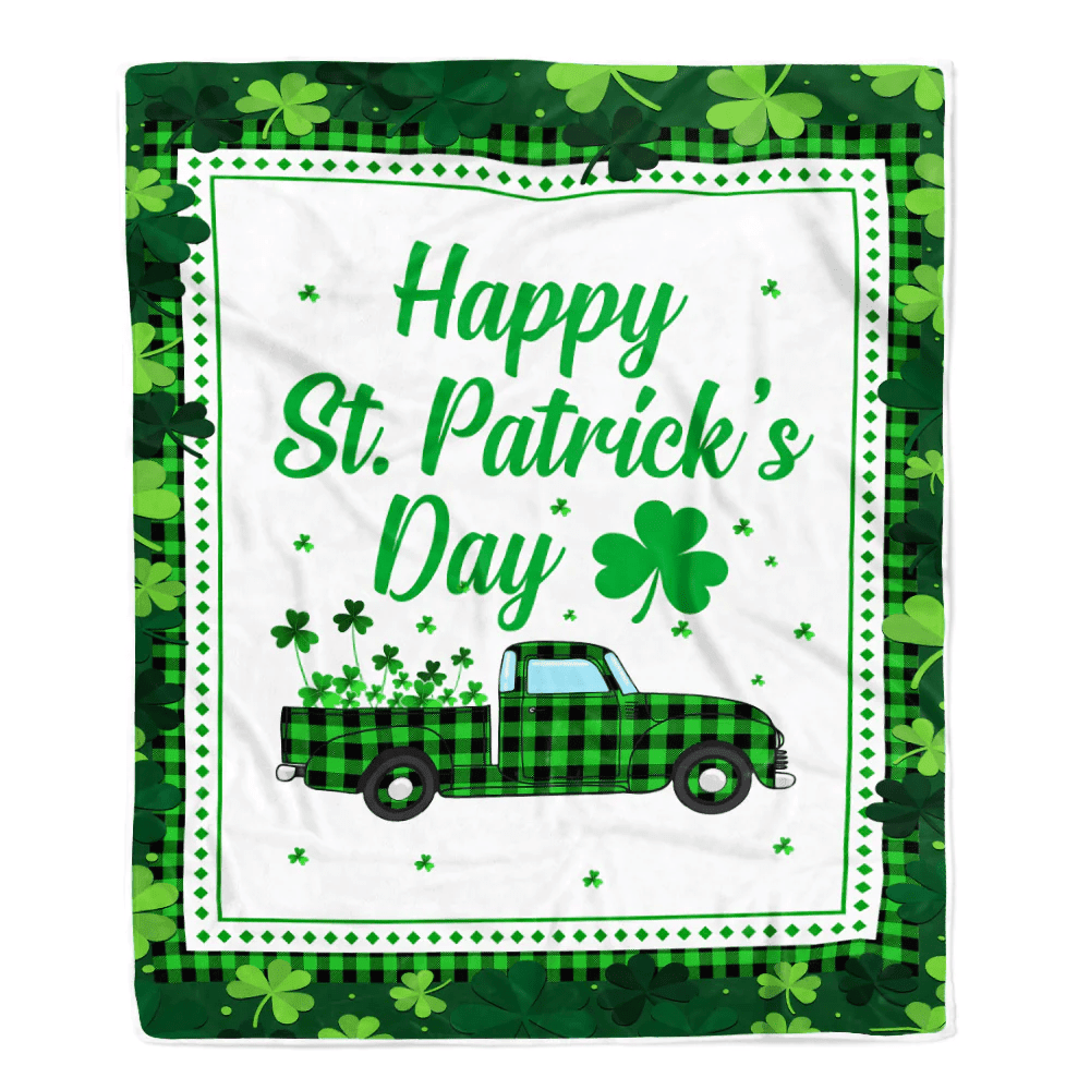 Happy St. Patrick's Day Truck With Green Shamrock Fleece Blanket