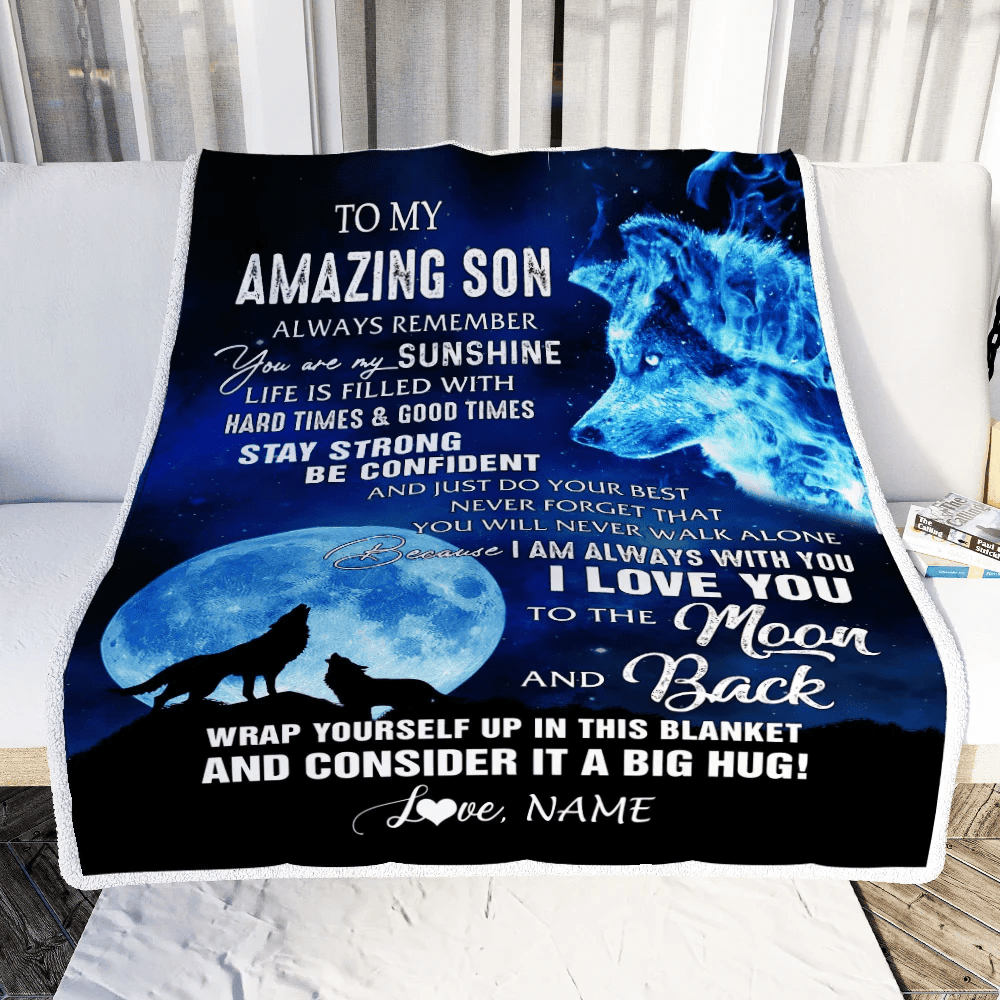 Personalized To My Amazing Son Blanket From Mom Dad Wolf It A Big Hug Son Birthday Back To School Thanksgiving Christmas Customized Fleece Throw Blanket
