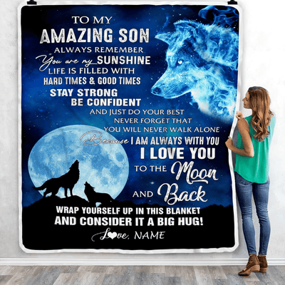 Personalized To My Amazing Son Blanket From Mom Dad Wolf It A Big Hug Son Birthday Back To School Thanksgiving Christmas Customized Fleece Throw Blanket