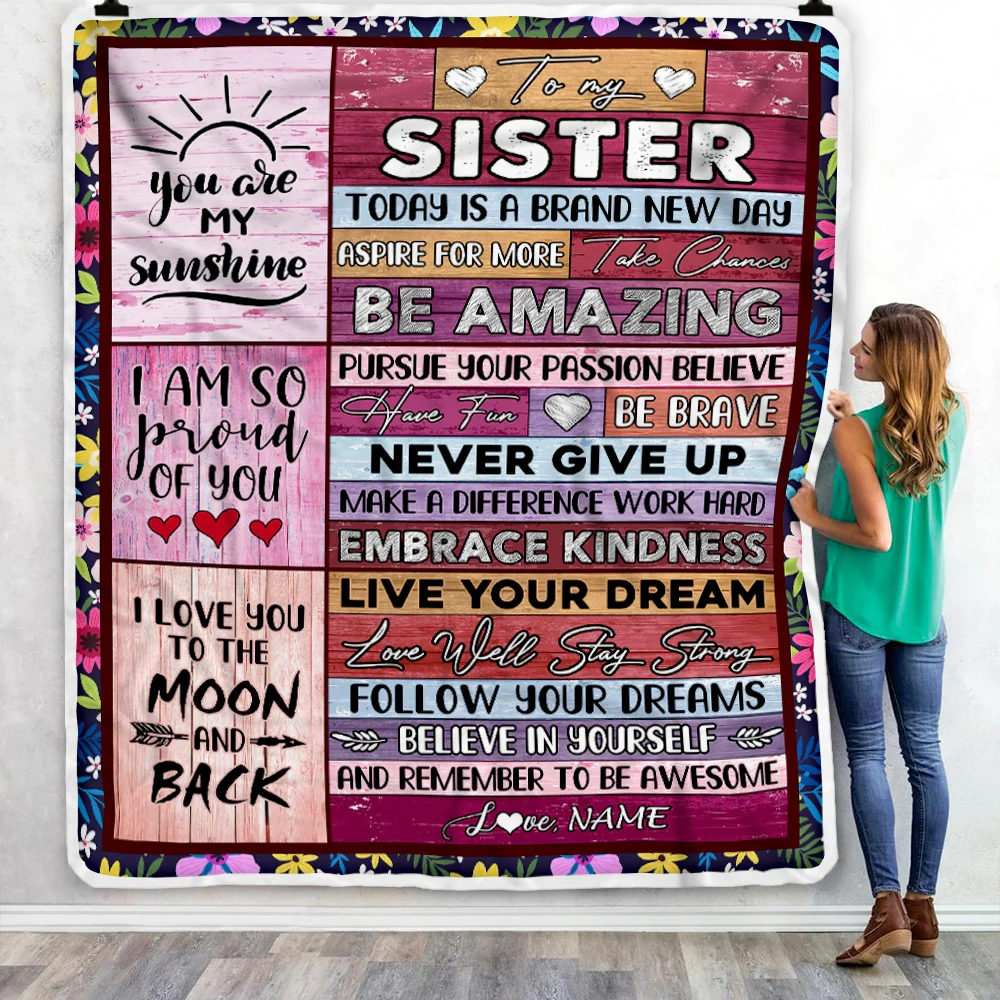 Personalized To My Sister Blanket From Brother Never Give Up Live Your Dream Pink Wood Sister Birthday Graduation Christmas Customized Fleece Blanket