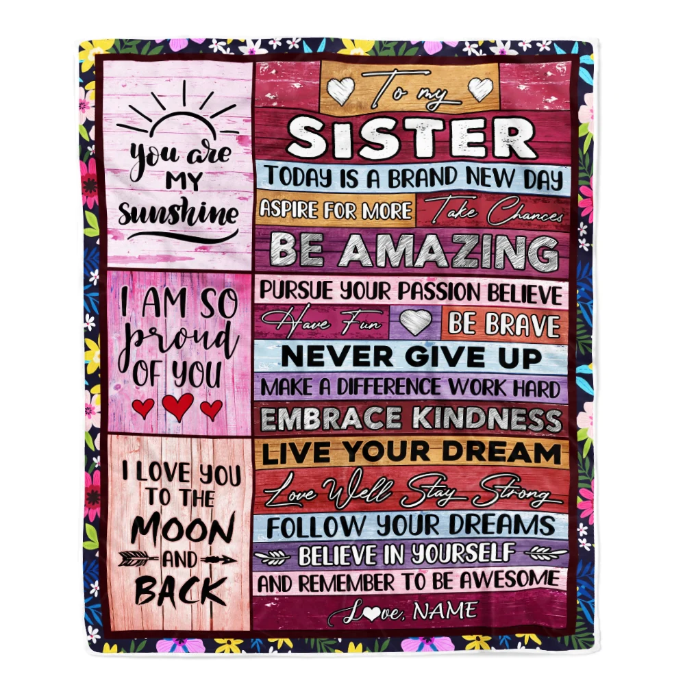 Personalized To My Sister Blanket From Brother Never Give Up Live Your Dream Pink Wood Sister Birthday Graduation Christmas Customized Fleece Blanket