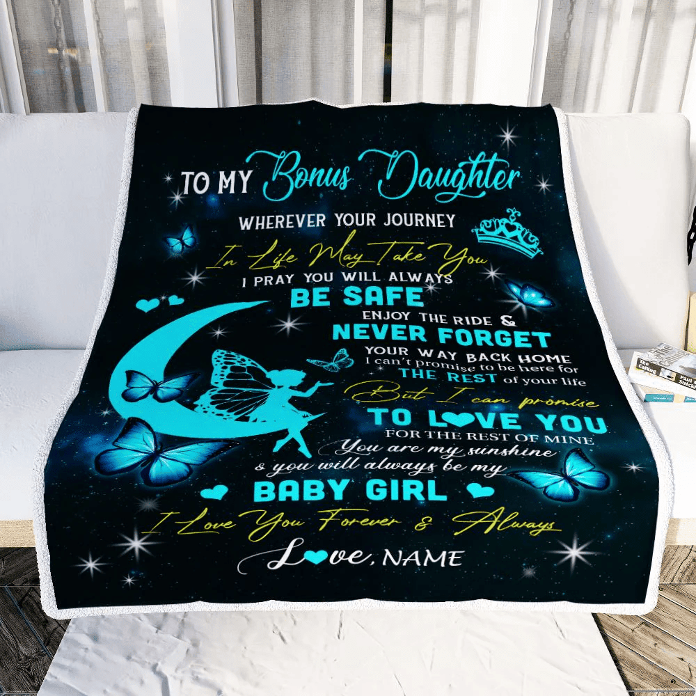 Personalized To My Bonus Daughter Blanket From Stepmom Fairy Silhouette Fantasy Moon Stepdaughter Birthday Graduation Christmas Customized Fleece Throw Blanket