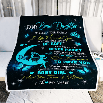 Personalized To My Bonus Daughter Blanket From Stepmom Fairy Silhouette Fantasy Moon Stepdaughter Birthday Graduation Christmas Customized Fleece Throw Blanket