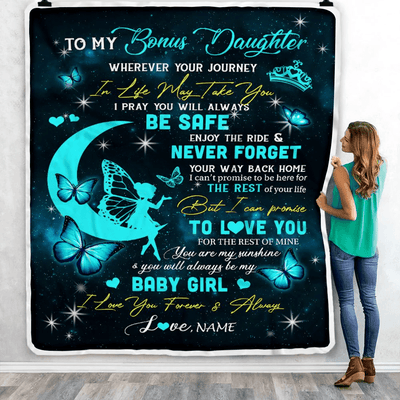 Personalized To My Bonus Daughter Blanket From Stepmom Fairy Silhouette Fantasy Moon Stepdaughter Birthday Graduation Christmas Customized Fleece Throw Blanket