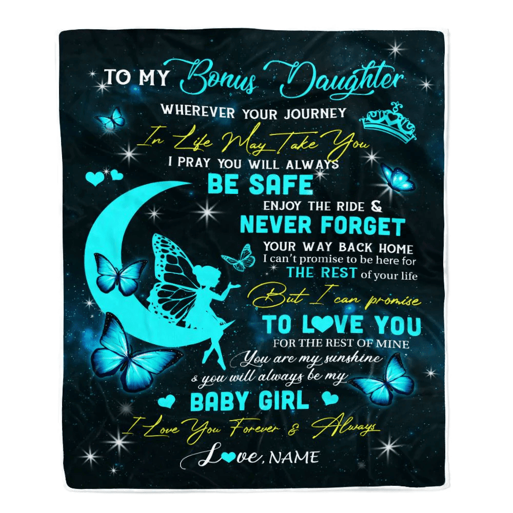 Personalized To My Bonus Daughter Blanket From Stepmom Fairy Silhouette Fantasy Moon Stepdaughter Birthday Graduation Christmas Customized Fleece Throw Blanket