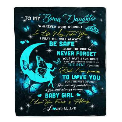 Personalized To My Bonus Daughter Blanket From Stepmom Fairy Silhouette Fantasy Moon Stepdaughter Birthday Graduation Christmas Customized Fleece Throw Blanket