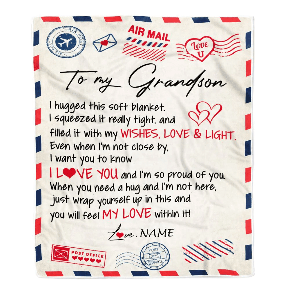 Personalized To My Grandson Blanket From Grandma Nana Grandpa Air Mail Letter I Love You Grandson Birthday Christmas Graduation Customized Fleece Blanket
