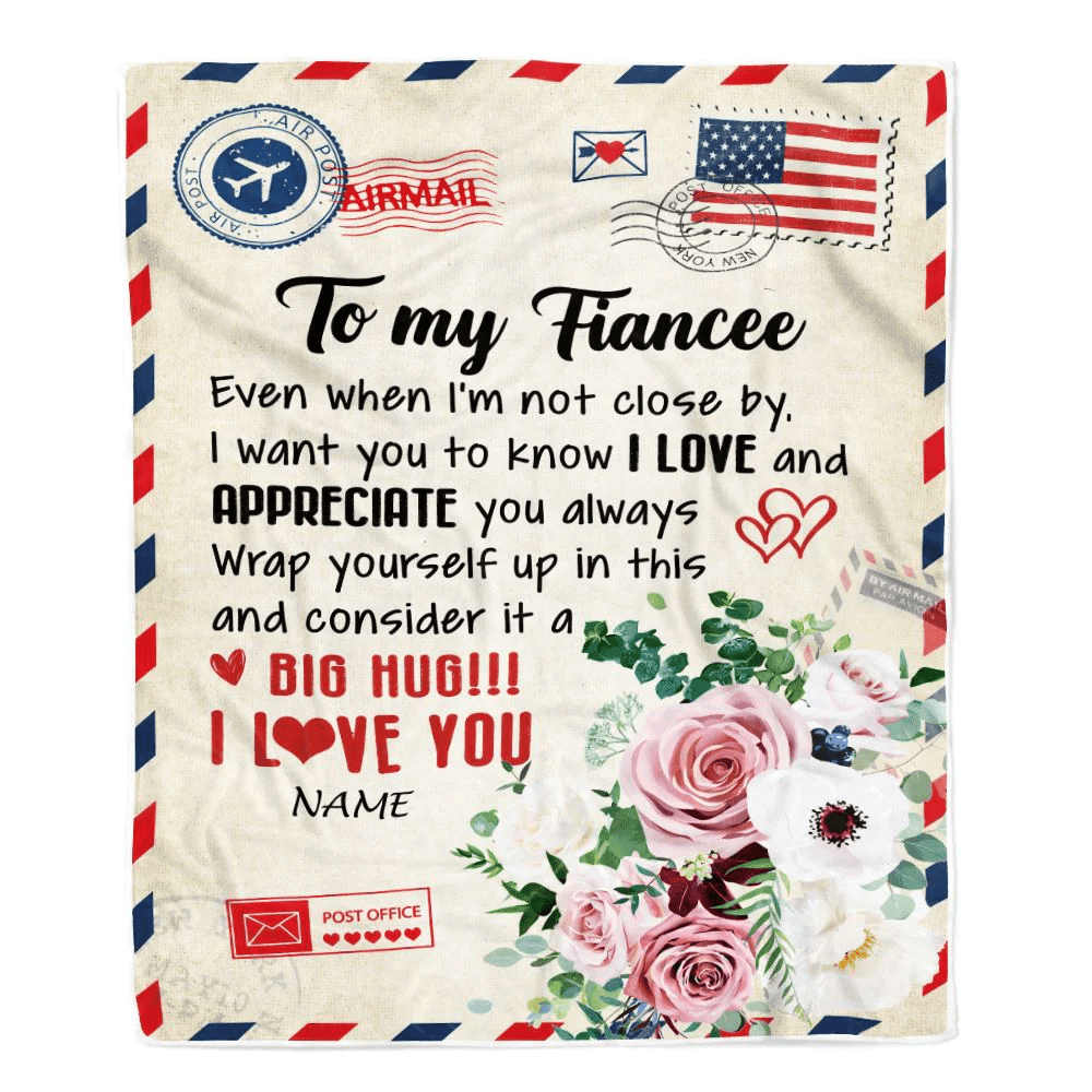 Personalized To My Fiancee Blanket Floral Air Mail Letter I Love You Fiancee For Her Birthday Anniversary Valentines Day Christmas Fleece Throw Blanket