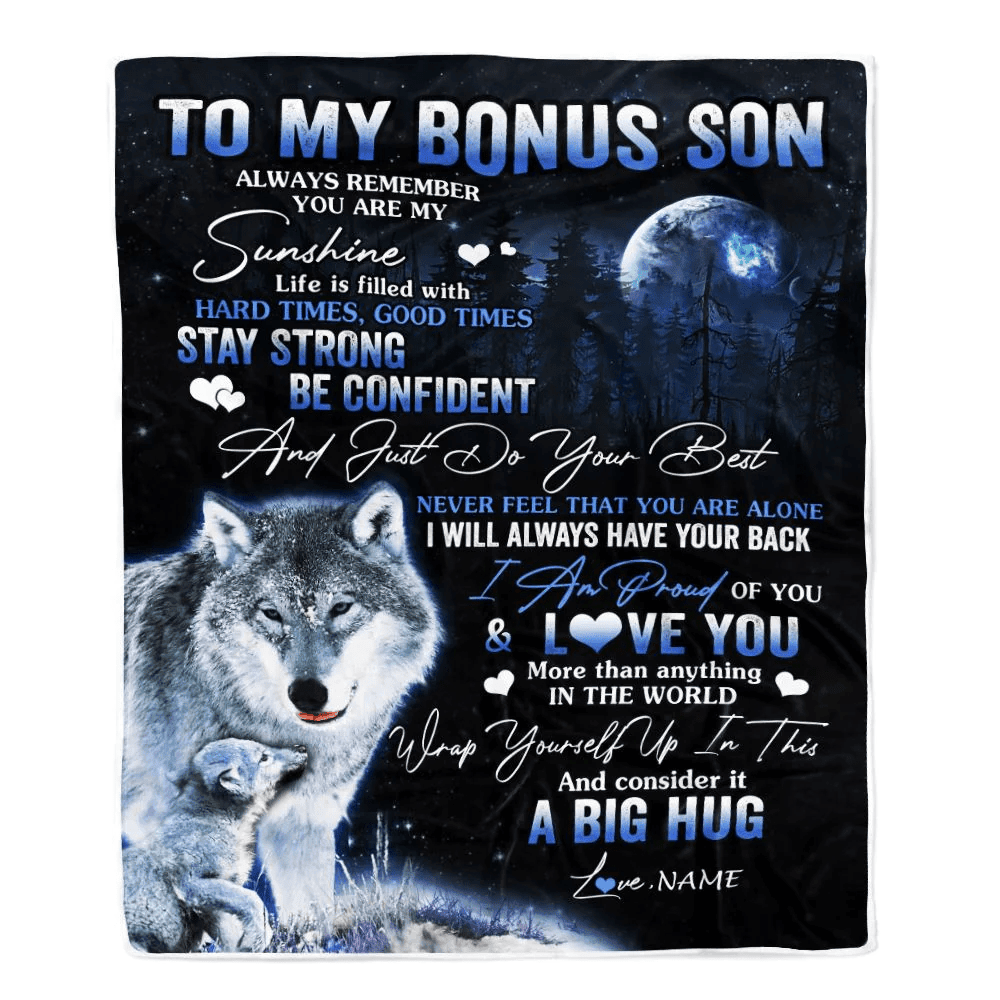 Personalized To My Bonus Son Wolf Blanket From Step Mom Stepdad Always Remember Stepson Birthday Graduation Christmas Customized Bed Fleece Throw Blanket
