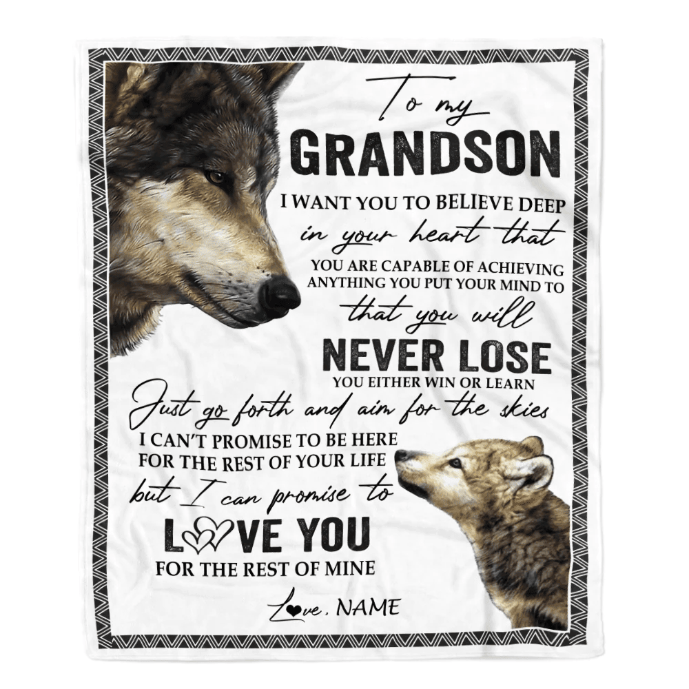 Personalized To My Grandson Blanket From Grandma Nana Papa You Will Never Lose Wolf Grandson Birthday Graduation Christmas Customized Bed Fleece Throw Blanket