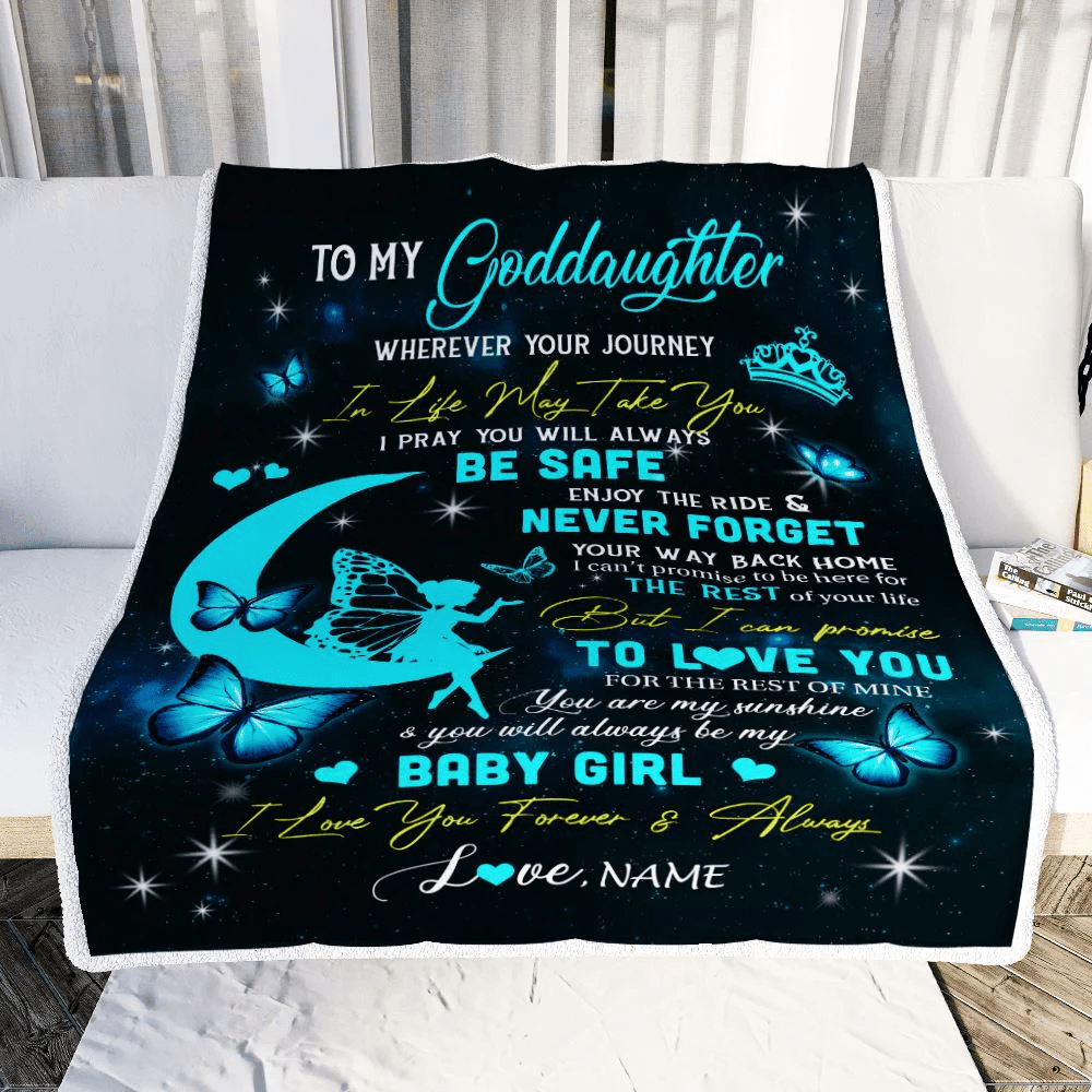 Personalized To My Goddaughter Blanket From Godmother Godfather Fairy Silhouette Fantasy Moon Goddaughter Birthday Christmas Customized Bed Fleece Blanket