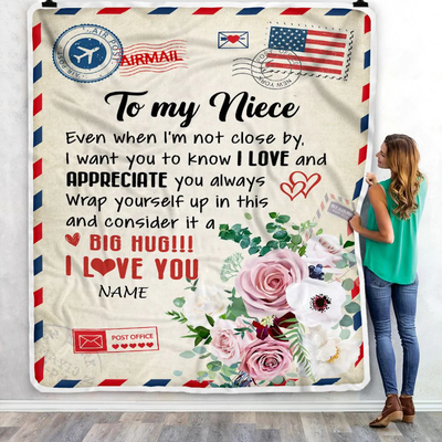 Personalized To My Niece Blanket From Aunt Uncle Auntie Floral Air Mail Letter I Love You Niece Birthday Christmas Customized Fleece Throw Blanket
