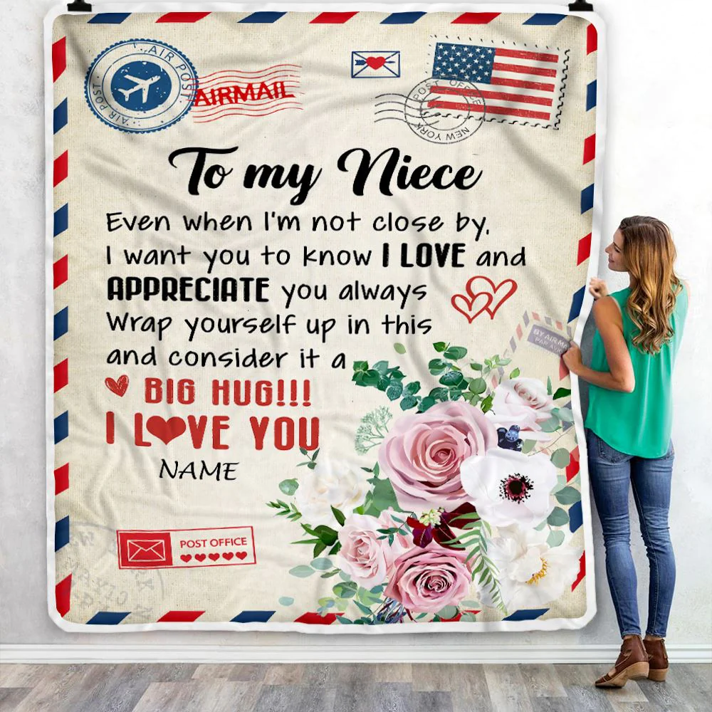 Personalized To My Niece Blanket From Aunt Uncle Auntie Floral Air Mail Letter I Love You Niece Birthday Christmas Customized Fleece Throw Blanket