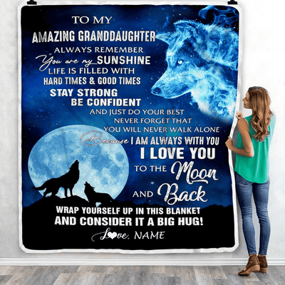 Personalized To My Amazing Granddaughter Blanket From Grandma Grandpa Wolf It A Big Hug Birthday Back To School Christmas Customized Fleece Throw Blanket