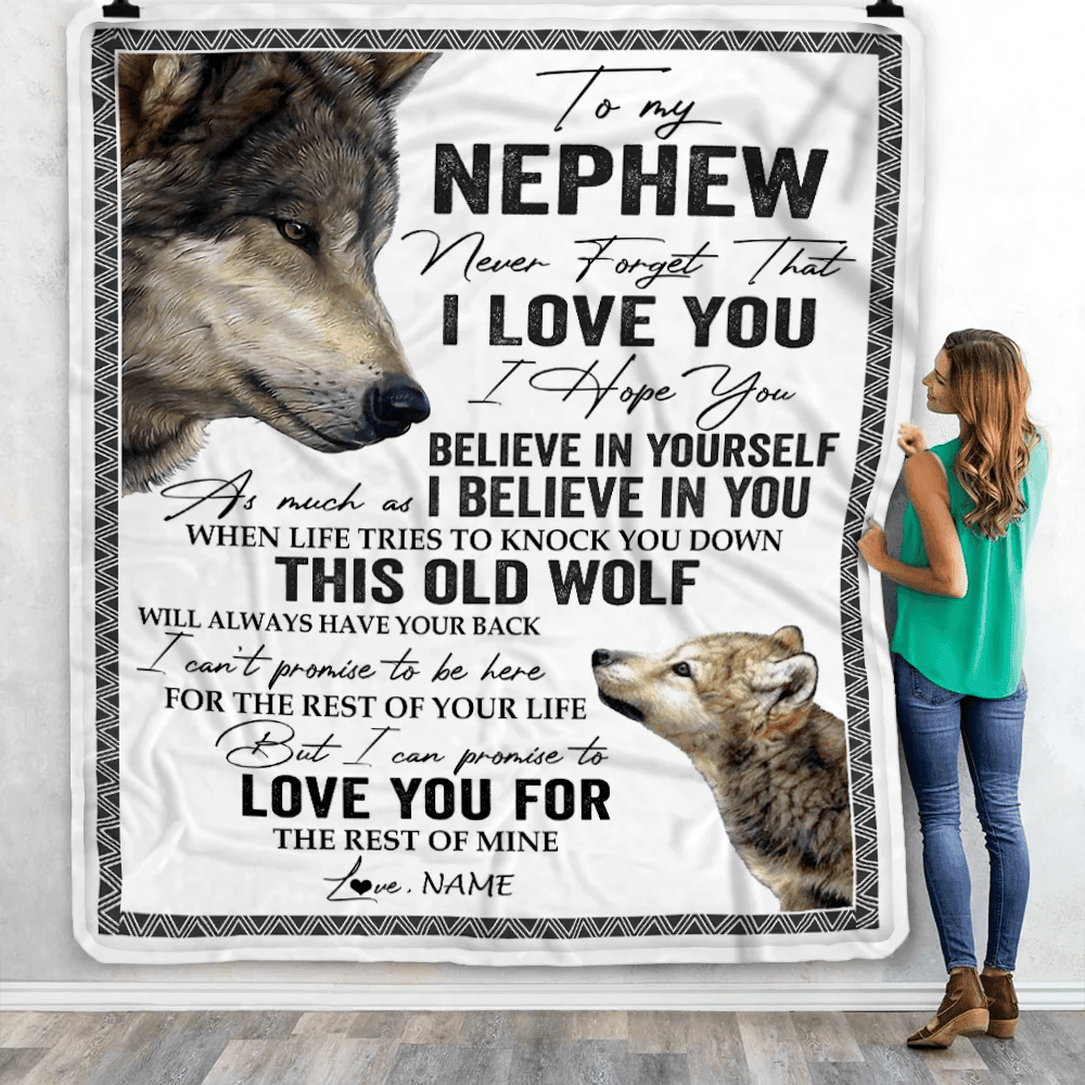 Personalized To My Nephew Blanket From Uncle Aunt Auntie Uncle This Old Wolf Love You Nephew Birthday Graduation Christmas Customized Fleece Blanket