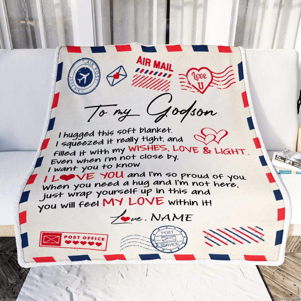 Personalized To My Godson Blanket from Godmother Air Mail Letter I Love You Godson Birthday Christmas Thanksgiving Customized Fleece Throw Blanket