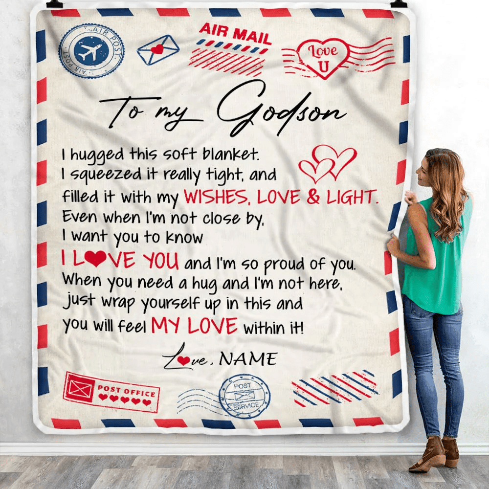 Personalized To My Godson Blanket from Godmother Air Mail Letter I Love You Godson Birthday Christmas Thanksgiving Customized Fleece Throw Blanket