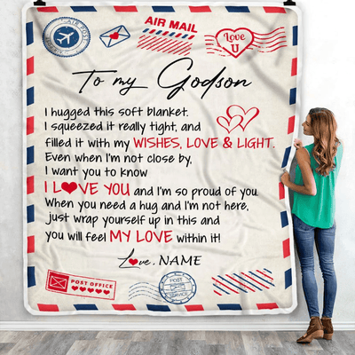 Personalized To My Godson Blanket from Godmother Air Mail Letter I Love You Godson Birthday Christmas Thanksgiving Customized Fleece Throw Blanket
