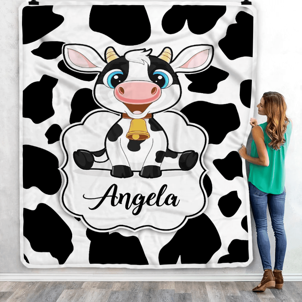 Personalized Custom Name Blanket For Boy Girl Cow Design Kids Nursery Newborn Daughter Granddaughter Niece Birthday Customized Christmas Fleece Throw Blanket