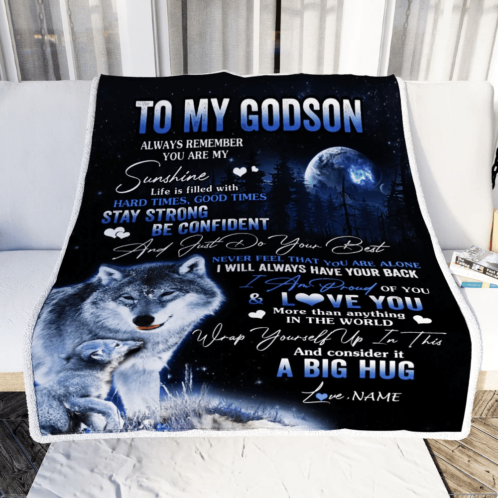 Personalized To My Godson Wolf Blanket From Godmother Godfather Always Remember Godchild Godson Graduation Travel Christmas Customized Fleece Blanket