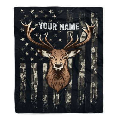 Personalized Hunting Blanket Flag Camo Deer For Husband Son Dad Grandpa Papa Uncle Hunter For Men Birthday Customized Christmas Fleece Blanket