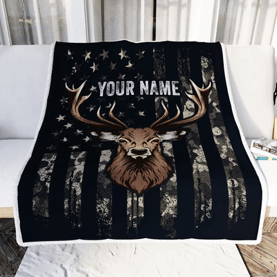 Personalized Hunting Blanket Flag Camo Deer For Husband Son Dad Grandpa Papa Uncle Hunter For Men Birthday Customized Christmas Fleece Blanket