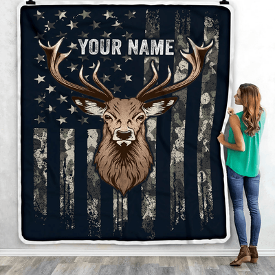 Personalized Hunting Blanket Flag Camo Deer For Husband Son Dad Grandpa Papa Uncle Hunter For Men Birthday Customized Christmas Fleece Blanket