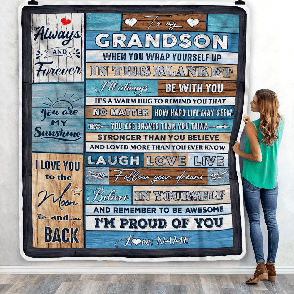 Personalized To My Grandson Blanket From Grandma Nana Papa Believe in Yourself Wood Grandson Birthday Graduation Christmas Customized Bed Fleece Throw Blanket