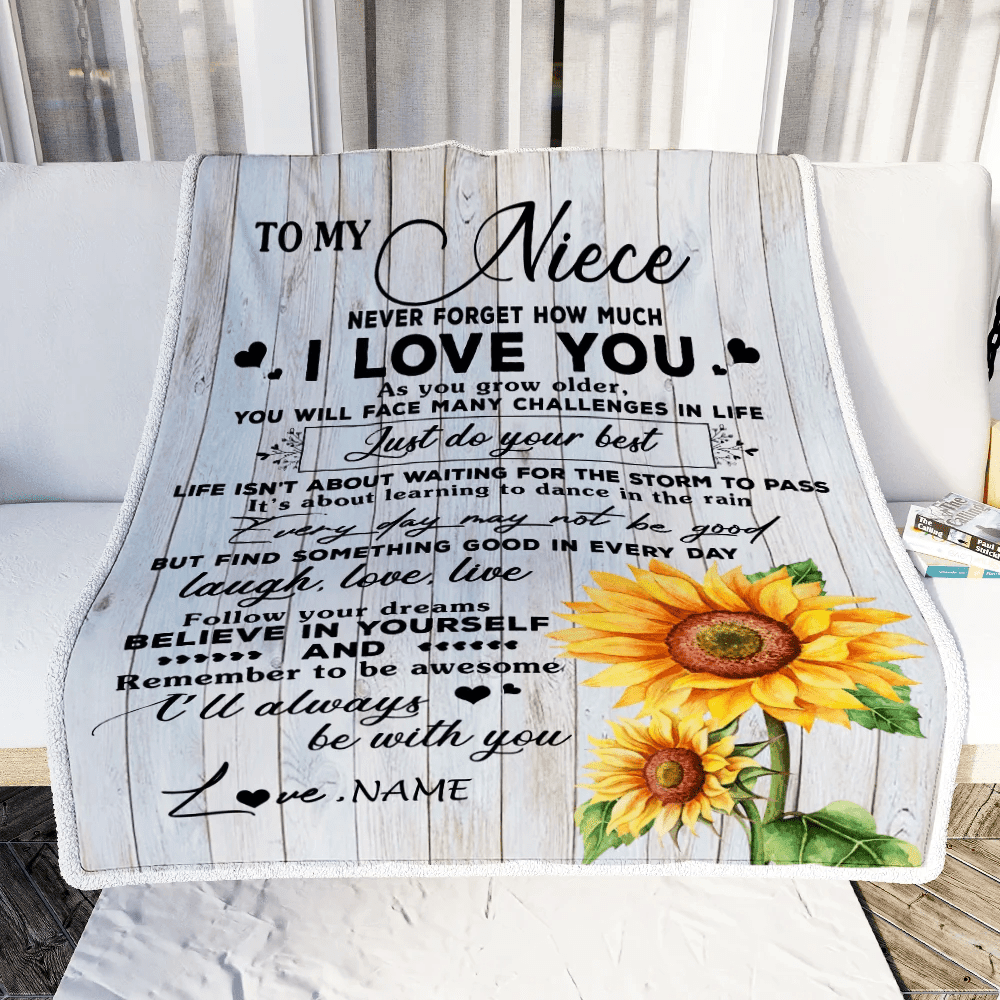 Personalized To My Niece Blanket From Uncle Aunt Sunflower Wood Laugh Love Live Niece Birthday Graduation Christmas Customized Bed Quilt Fleece Throw Blanket