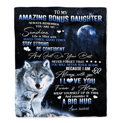 Personalized To My Amazing Bonus Daughter Wolf Blanket From Stepmother Moon Wolf Stepdaughter Birthday Graduation Christmas Customized Fleece Throw Blanket