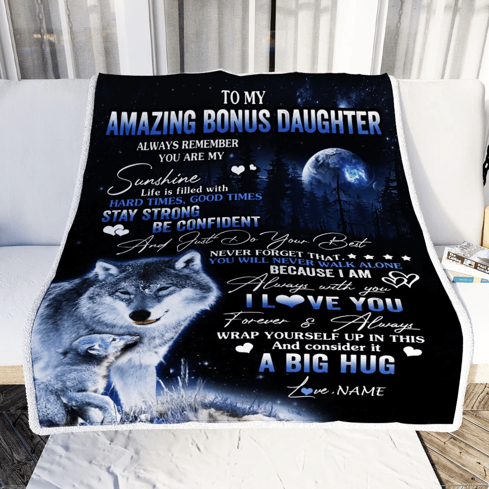 Personalized To My Amazing Bonus Daughter Wolf Blanket From Stepmother Moon Wolf Stepdaughter Birthday Graduation Christmas Customized Fleece Throw Blanket