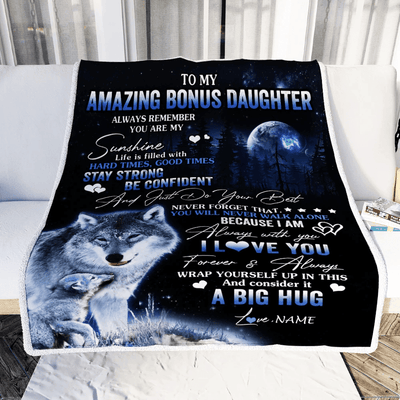 Personalized To My Amazing Bonus Daughter Wolf Blanket From Stepmother Moon Wolf Stepdaughter Birthday Graduation Christmas Customized Fleece Throw Blanket
