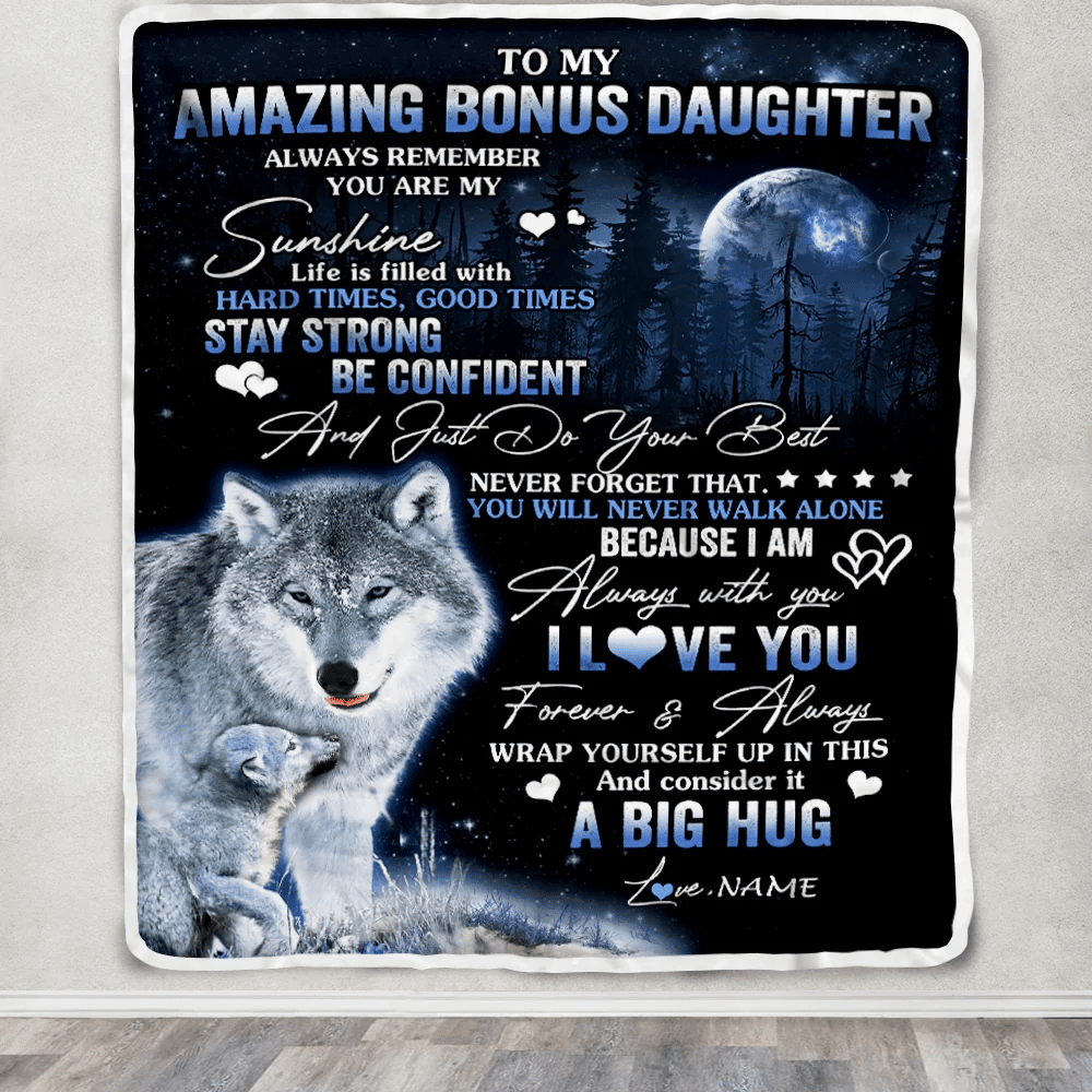 Personalized To My Amazing Bonus Daughter Wolf Blanket From Stepmother Moon Wolf Stepdaughter Birthday Graduation Christmas Customized Fleece Throw Blanket