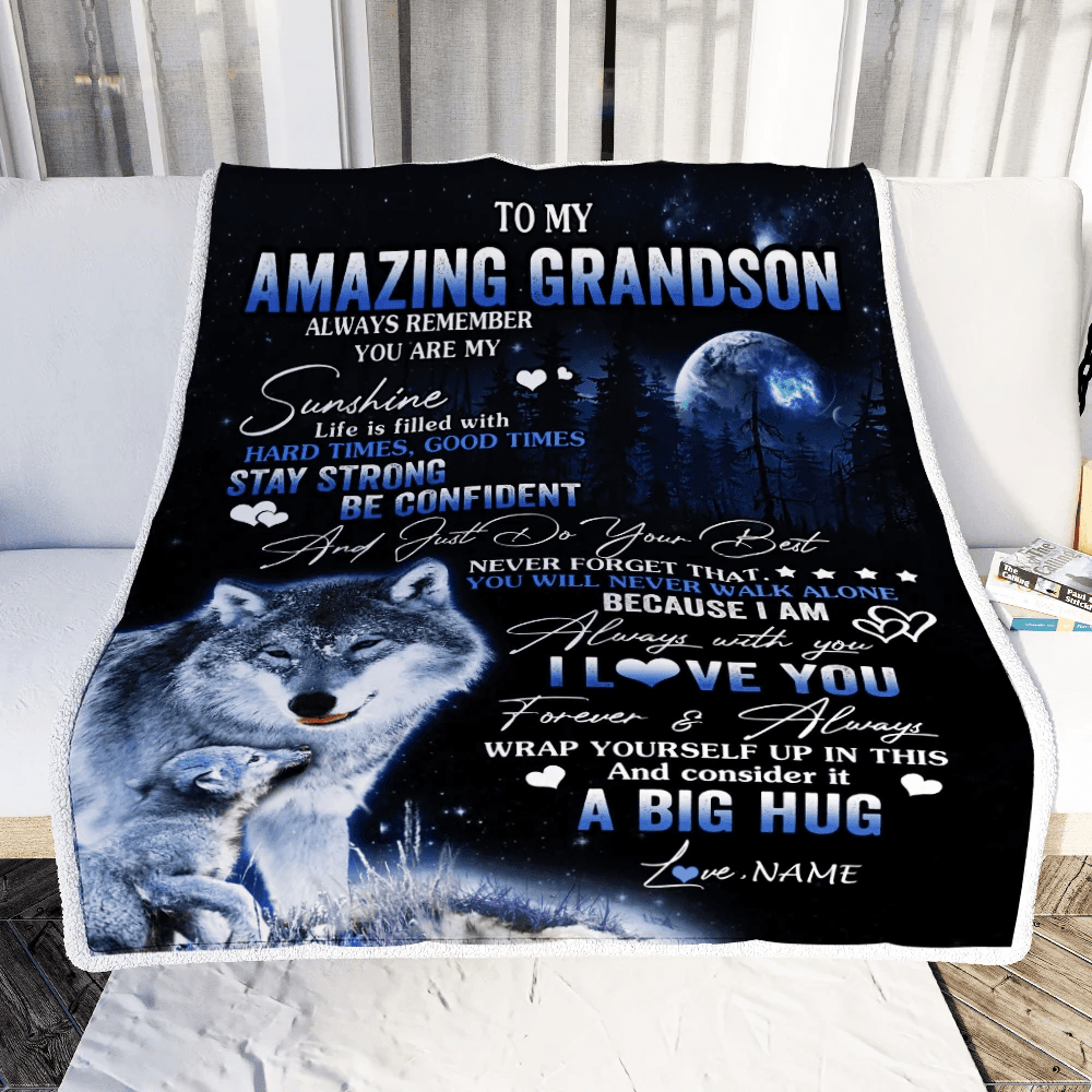Personalized To My Amazing Grandson Wolf Blanket From Grandma Grandpa Moon Wolf Grandson Birthday Graduation Christmas Customized Bed Fleece Blanket