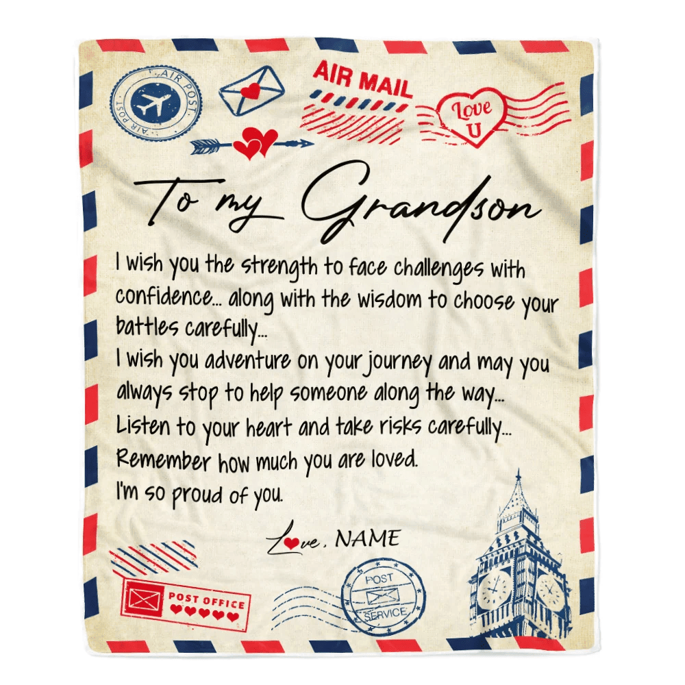 Personalized Letter Blanket To My Grandson From Grandma Grandpa I'm So Proud Of You Birthday Christmas Thanksgiving Graduation Customized Fleece Blanket
