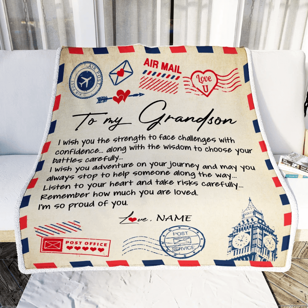 Personalized Letter Blanket To My Grandson From Grandma Grandpa I'm So Proud Of You Birthday Christmas Thanksgiving Graduation Customized Fleece Blanket