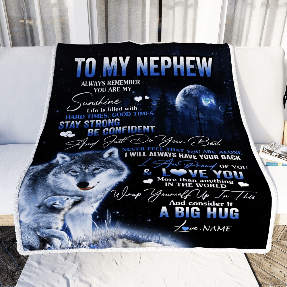 Personalized To My Nephew Wolf Blanket From Aunt Auntie Uncle Always Remember Nephew Birthday Graduation Travel Christmas Customized Fleece Throw Blanket