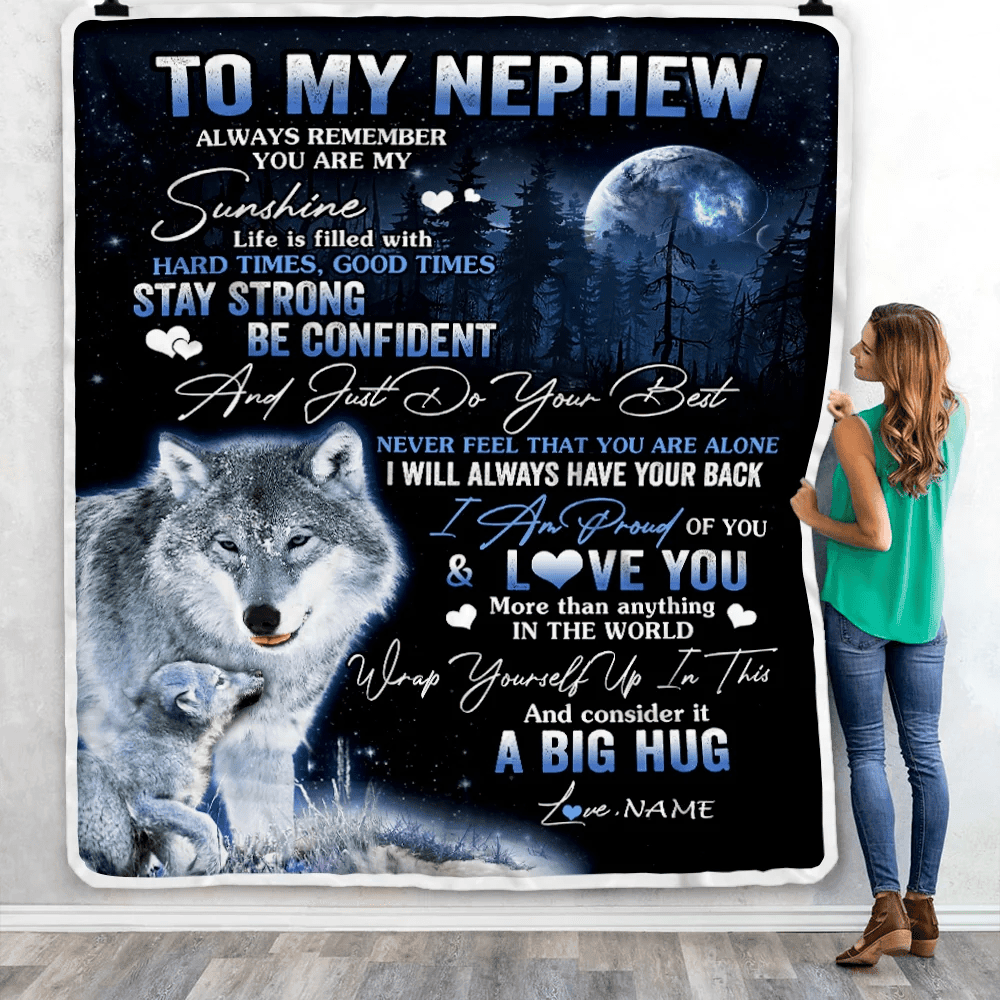 Personalized To My Nephew Wolf Blanket From Aunt Auntie Uncle Always Remember Nephew Birthday Graduation Travel Christmas Customized Fleece Throw Blanket