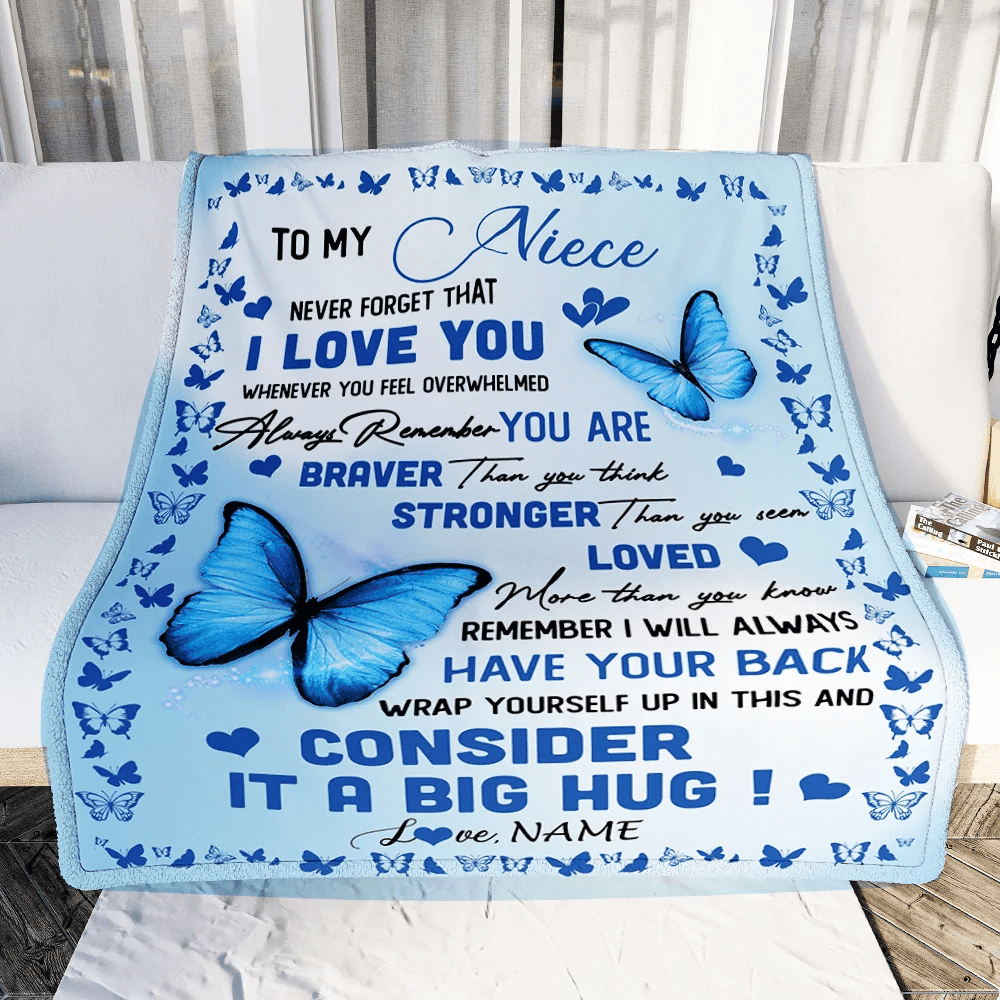 Personalized to My Niece Blanket from Aunt Auntie Uncle Braver Stronger Loved Butterfly Niece Birthday Graduation Christmas Customized Bed Fleece Throw Blanket