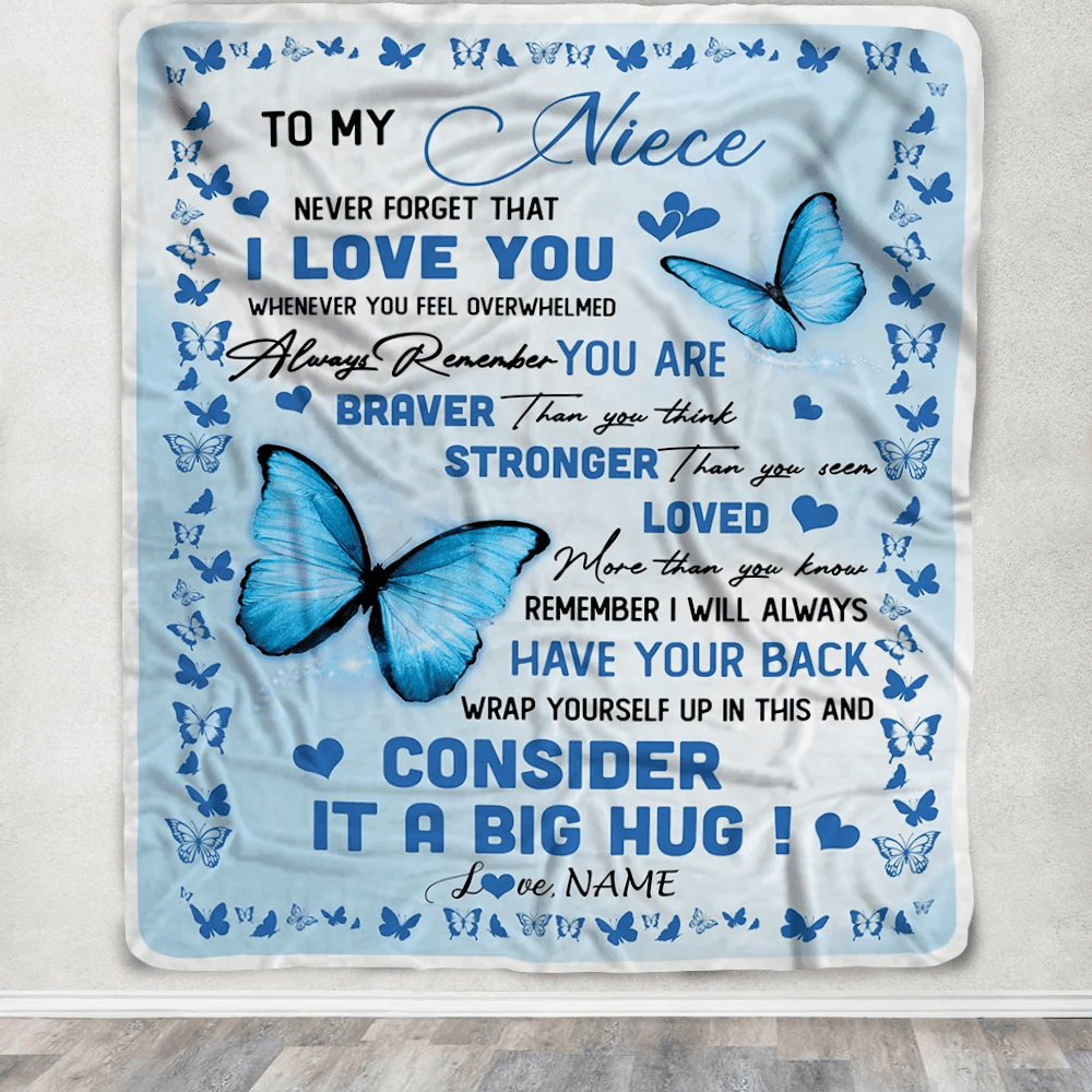 Personalized to My Niece Blanket from Aunt Auntie Uncle Braver Stronger Loved Butterfly Niece Birthday Graduation Christmas Customized Bed Fleece Throw Blanket