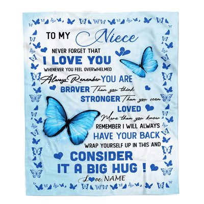 Personalized to My Niece Blanket from Aunt Auntie Uncle Braver Stronger Loved Butterfly Niece Birthday Graduation Christmas Customized Bed Fleece Throw Blanket