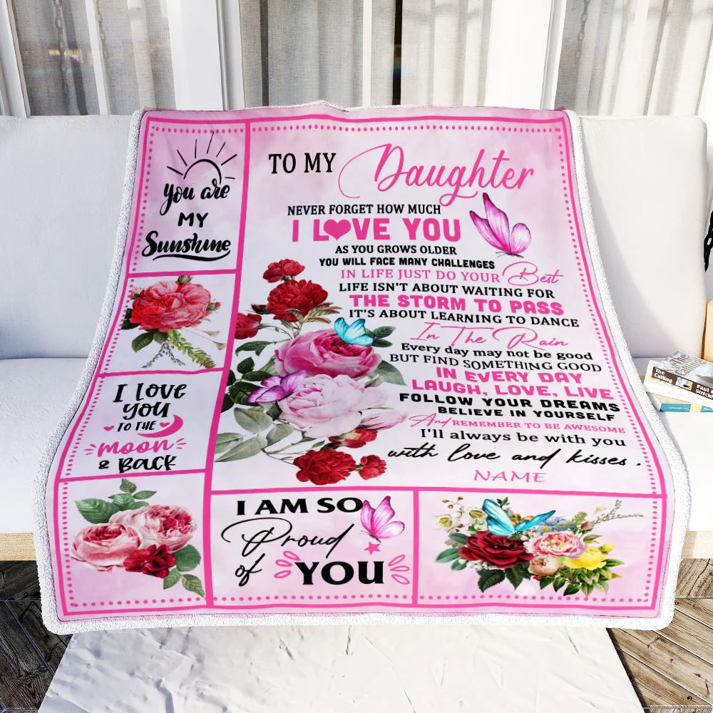 Personalized To My Daughter Blanket From Mom Dad Never Forget I Love You Pink Butterfly Daughter Birthday Christmas Customized Bed Fleece Throw Blanket