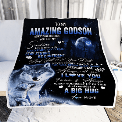 Personalized To My Amazing Godson Wolf Blanket From Godmother Godfather Moon Wolf Godchild Godson Graduation Christmas Customized Fleece Blanket