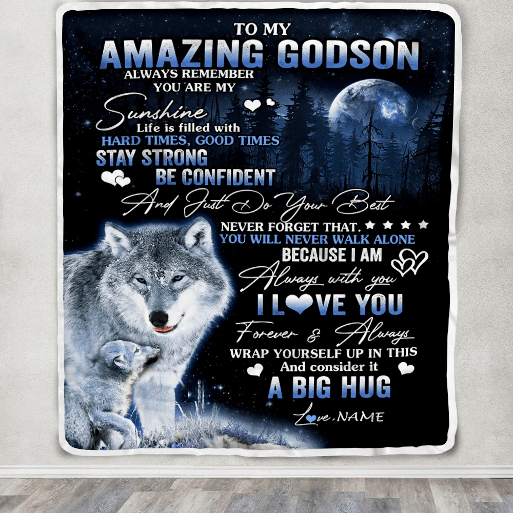 Personalized To My Amazing Godson Wolf Blanket From Godmother Godfather Moon Wolf Godchild Godson Graduation Christmas Customized Fleece Blanket